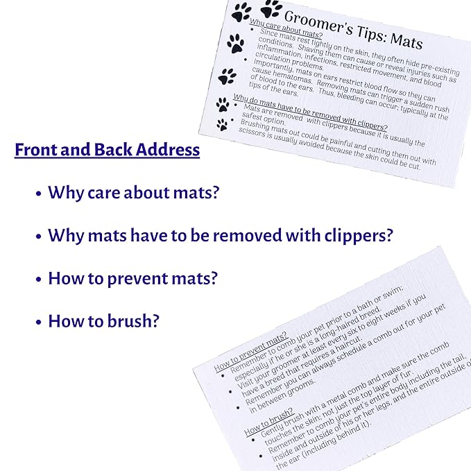 Dog Groomer Matted Fur and Dog Brushing Care Cards (100 pack, 3.5" X 2") Addresses hematomas, mats, combing, and shaving matts White