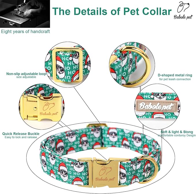 Christmas Dog Collars for Small Dog,Green Santa Claus Dog Collar with Safety Metal Buckle Adjustable Puppy Collars for Medium Large Dog,Boy&Girl&Male&Female Dog Gift,S-10-16"