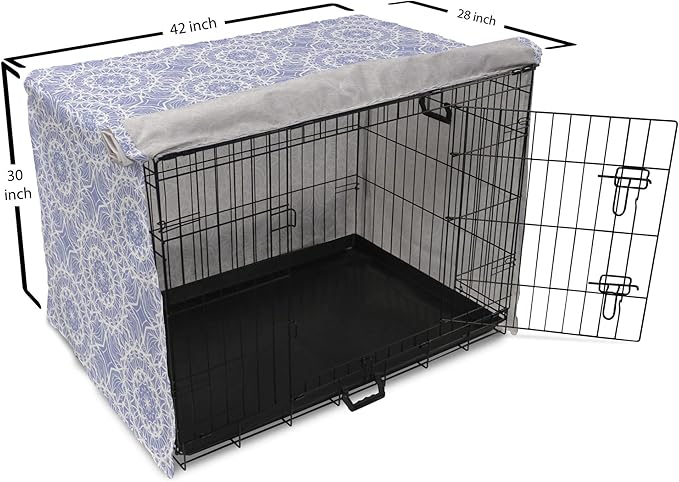 Lunarable Mandala Dog Crate Cover, Ceremonial Retro Minimal Far Eastern Pattern, Easy to Use Pet Kennel Cover for Medium Large Dogs, 42 Inch, Lavender Blue and White