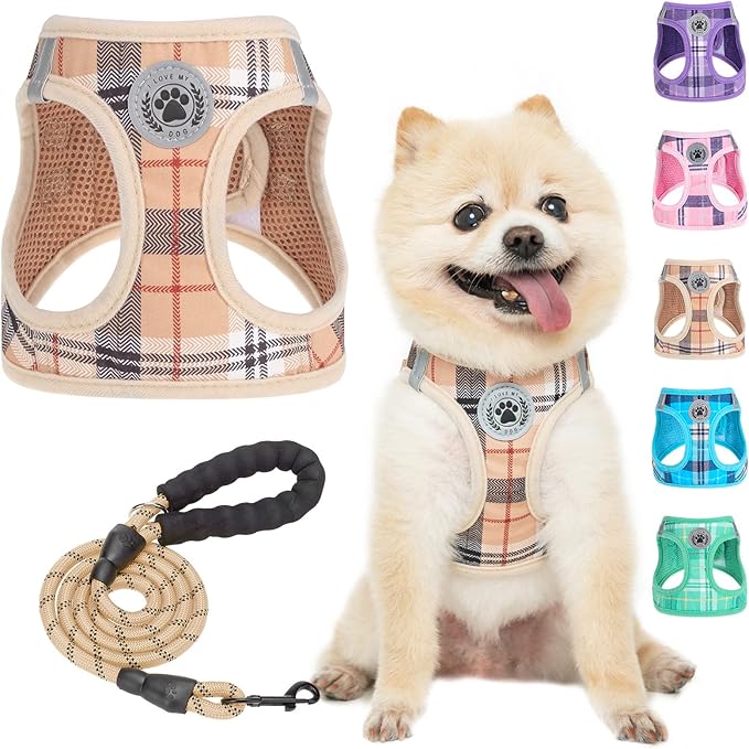 BEAUTYZOO Small Dog Harness and Leash Set,Step in No Chock No Pull Soft Mesh Dog Harnesses Reflective for Extra-Small/Small Medium Puppy Dogs and Cats, Plaid Dog Vest Harness for XS S Pets, Beige XS