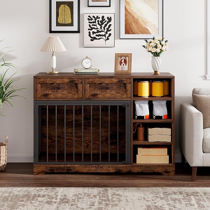 Dog Crate Furniture 47”, Large Dog Crate TV Stand with 2 Drawers and 4 Shelves, Wooden Dog Kennel Indoor, Decorative Dog Cage with Storage for Large Dogs, Brown