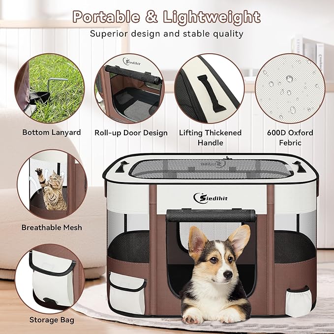 Dog Cat Playpen28/31/35in, Pet Puppy Portable Playpens for Outdoor Travel Crate, Indoor After Surgery Use, Foldable Dog Kennel Tent for Rabbit or Small Animals and Tent Stakes(Brown, Small)