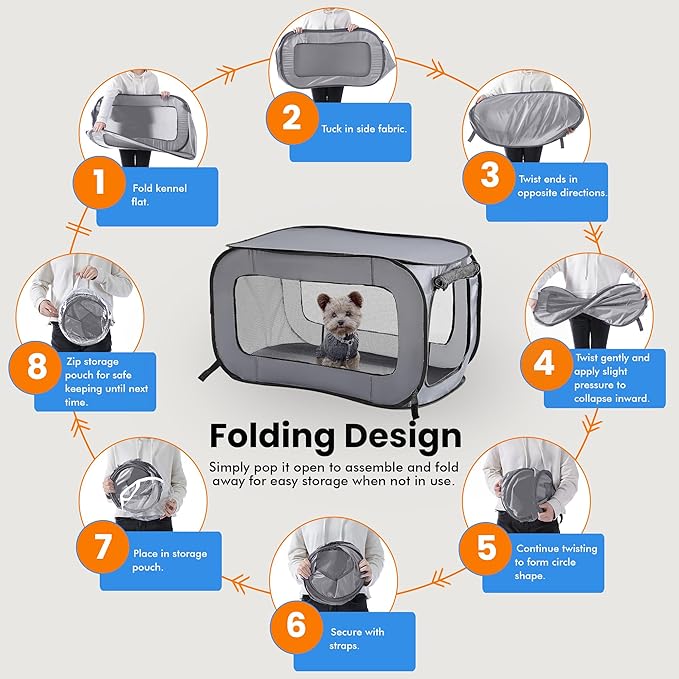 Beatrice Home Fashions Portable, Collapsible, Pop Up Kennel Travel Cat and Dog Crate, 24" L x 16.6" W x 16" H, Gray