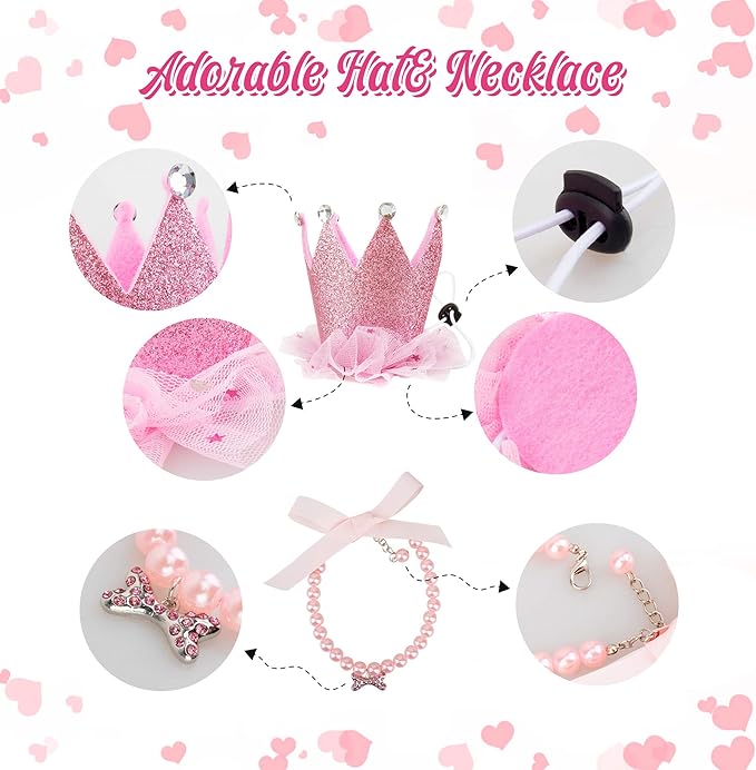 Dog Birthday Party Supplies Dog Birthday Outfit Pink Tutu for Dogs Dog Birthday Hat Necklace and Bowtie Hairpin for Dogs (24-31 inch Wrist)
