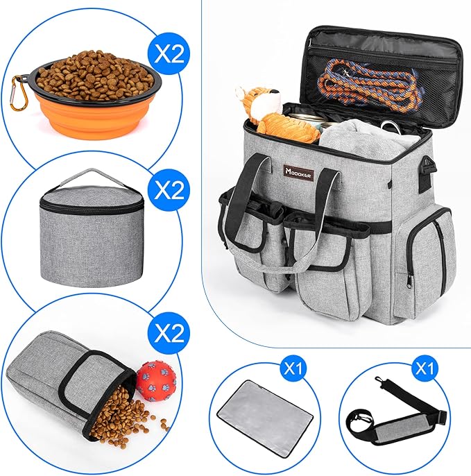 Airline Approved Dog Travel Bag with 2 Dog Treat Training Pouches, Dog Tote Organizer for Weekend Pet Travel Supplies & Accessories, 2 Collapsible Dog Bowls, 2 Travel Dog Food Container (Grey)