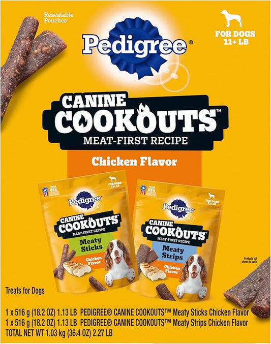 Pedigree Canine Cookout Soft Dog Treats, Chicken Flavored Meaty Sticks and Strips, (2) 18.2 oz Bags
