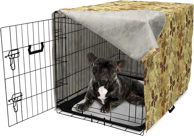 Lunarable Yellow and Brown Dog Crate Cover, Butterflies with Lace Style Ornament Spring Season Beauty Nature Print, Easy to Use Pet Kennel Cover for Cats & Medium Dogs, 24 Inch, Chestnut Brown