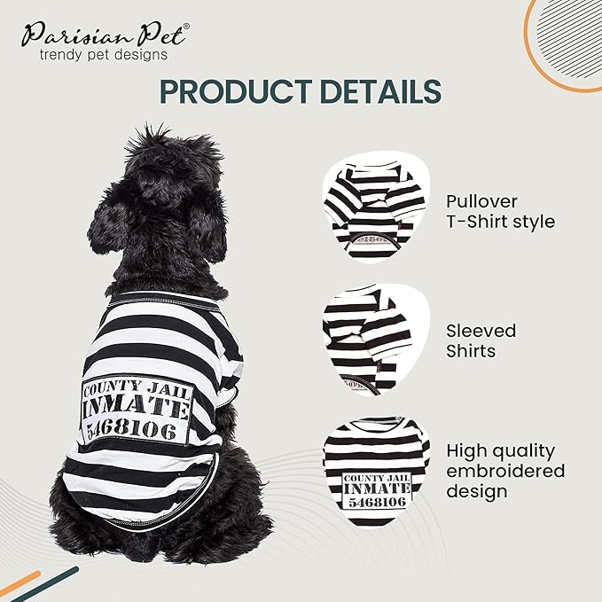 Parisian Pet Dog Shirt - Prisoner Dog Costume - 100% Cotton Black and White Strips Dog Clothes - Lightweight Polyester Dog Shirts - Sleeved Dog Costume for Large Dogs - Pet Costumes - 2XL