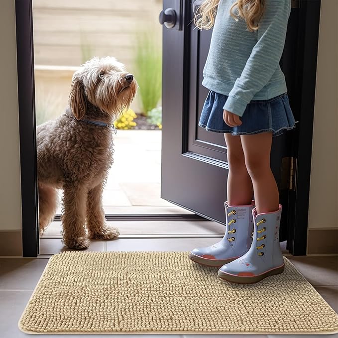 OLANLY Dog Door Mat for Muddy Paws 59x35, Absorbs Moisture and Dirt, Absorbent Non-Slip Washable Mat, Quick Dry Chenille, Mud Mat for Dogs, Entry Indoor Door Mat for Inside Floor, Beige