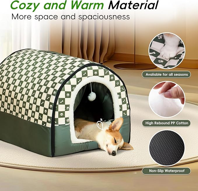 Dog House Indoor, Cozy Dog Cave Bed with Door Curtain, Cushion Mat, Removable and Washable Cover, Multi-Purpose Covered Dog Bed & Cat House for Small- Medium Dogs