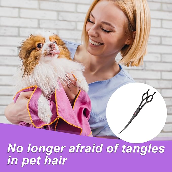 Dog Grooming Scissors, with Ergonomic Handle, Pill Popper for Cats, Upper Bend Shears, Stainless Steel Curved Shears for Dogs Cats, Black, 7.5inch