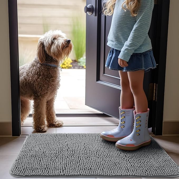 OLANLY Dog Door Mat for Muddy Paws 47x32, Absorbs Moisture and Dirt, Absorbent Non-Slip Washable Mat, Quick Dry Chenille, Mud Mat for Dogs, Entry Indoor Door Mat for Inside Floor, Grey