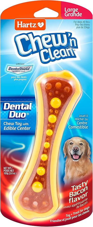 Hartz Chew 'n Clean Dental Duo Bacon Flavored Dental Dog Chew Toy and Treat - Large, Colors may vary