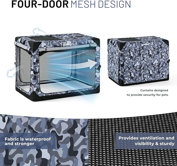 Collapsible Dog Crate for Large Dogs - 42 Inch Dog Travel Crate Portable with Mesh Windows and 3-Door Curtains, Soft Sided Dog Kennel Foldable for Indoor and Outdoor, Camo