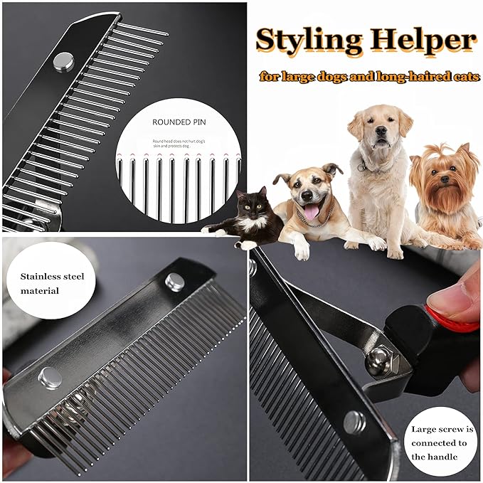 Grooming Rake Undercoat Brush for Dogs Long Hair, Long Tooth Undercoat Rake + Stainless Steel Dog Comb, Deshedding Tool Set for Husky Long-haired Cats