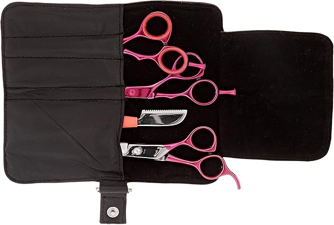 Genuine Japanese Stainless Steel Thinning Shears, Grooming Shears in 5.5-Inch and 7.5-Inch, Pink Coated, with Button Snap Leather Case