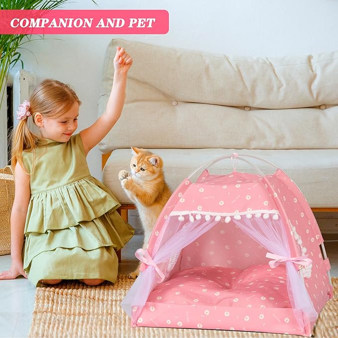 Gigreinc Cat Princess Indoor Tent House Pet Dog Cute Floral Cave Nest Bed Portable Dog Tents (M:38x38x36cm/15x15x14inch, Daisy Pink)