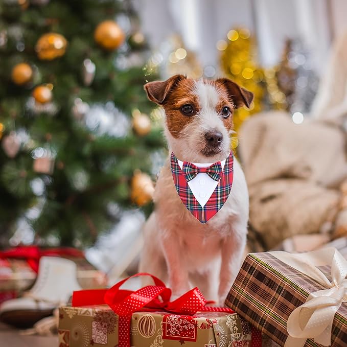 ADOGGYGO Christmas Dog Tuxedo Bandana, Red Plaid Pet Chritstmas Collar with Bowtie, Adjustable Christmas Costume for X-Small Dogs Pets (XS)