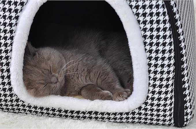 Cat Bed or Dog Bed,2 Ways to Use,Indoor Pet House with Fluffy Mat,Removable and Washable Cover,Non-Slip Bottom,for Cats and Small Dogs(S Black Cranes)