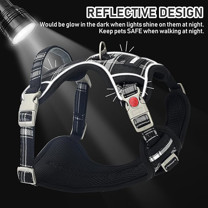 GAMUDA Dog Harness Collar and Leash Set, Horse Care Sheets, No Chock No Pull Adjustable Vest Harnesses Plaid Reflective for Medium Dog, Cat, Small Horse, Small Bull and Pig (Black, XS)