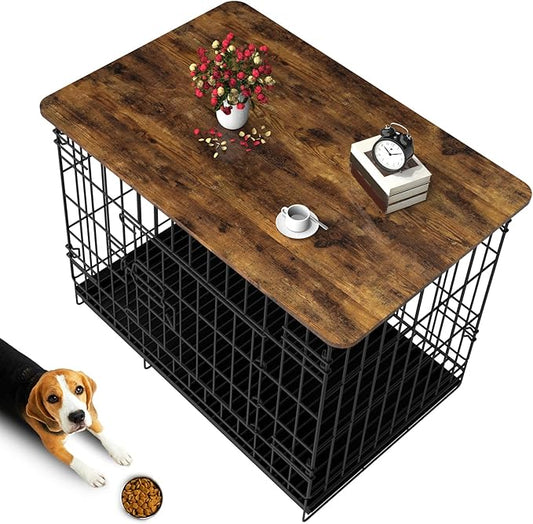 Dog Crate Topper Wood 48 Inch Dog Crate Topper Crate Table Topper Collapsible Dog Kennel Topper for Decorative Dog Crate, Suitable for 48 Inch Wire Dog Crate (Furniture Style, Brown)