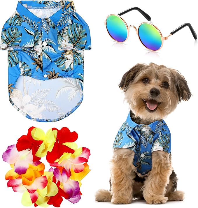 3 Pieces Pet Dog Hawaiian Costume, Includes Puppy Cool T-Shirts Summer Clothes, Funny Cute Dog Retro Fashion Sunglasses and a Colorful Wreath for Small to Medium pet(Blue Series)