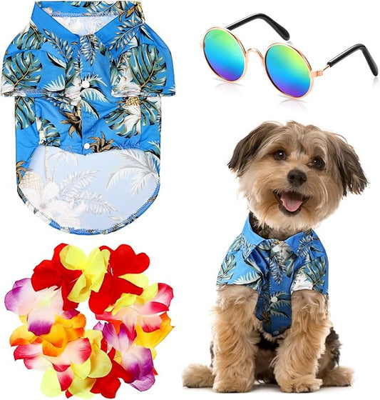 3 Pieces Pet Dog Hawaiian Costume, Includes Puppy Cool T-Shirts Summer Clothes, Funny Cute Dog Retro Fashion Sunglasses and a Colorful Wreath for Small to Medium pet(Blue Series)