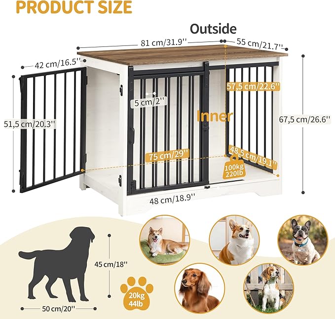 Dog Crate Furniture, 32" Double Door Dog Crate with Barn Door, Dog Kennel Indoor, End Side Table Wooden Dog Crates for Small Medium Large Dogs, Anti-Chew Anti-Escape, White Brown DFC83614B