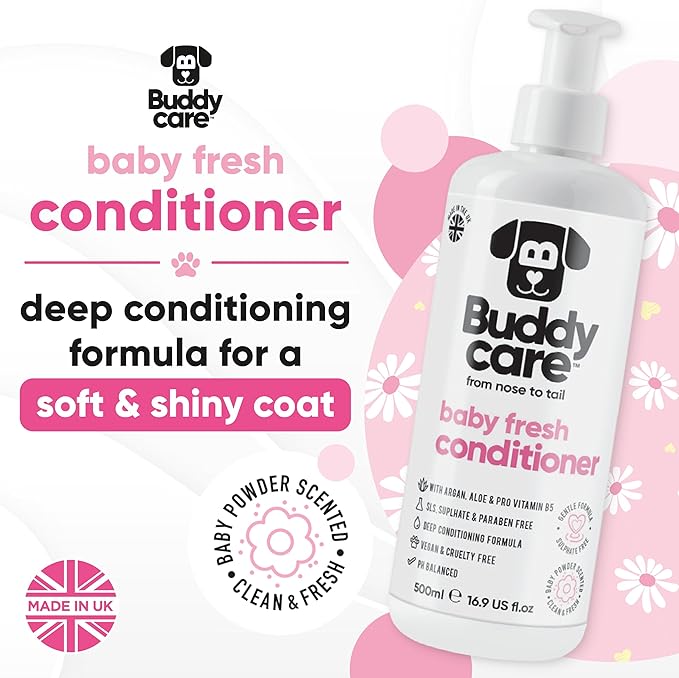Baby Fresh Dog Conditioner (16.90oz) Made with Aloe Vera, Argan Oil & Pro Vitamin B5 to Detangle Matted Coats & Relieve Sensitive & Itchy Skin, Suitable for Puppies from 8 Weeks, Vegan