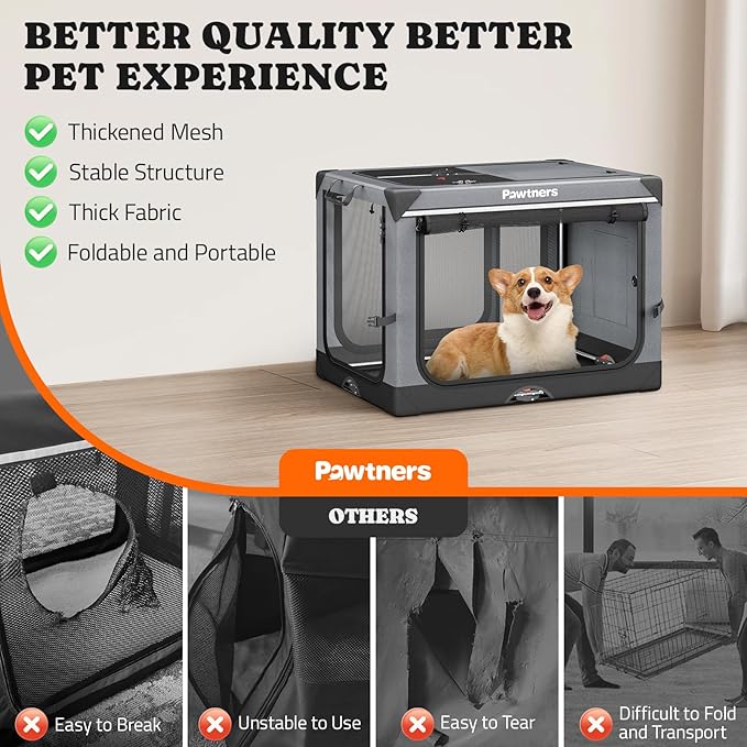 Collapsible Dog Crate: 30 Inch Foldable Soft Sided Dog Crate for Medium Dogs, Portable Dog Travel Kennel with Soft Mat for Indoors & Outdoors, Grey