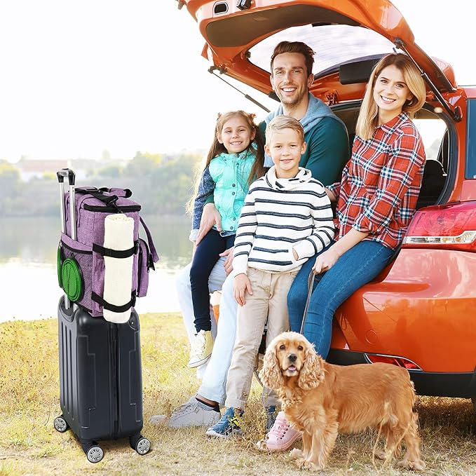 Modoker Dog Travel Organizer Carriers for Supplies & Accessories, Airline Approved Dog Cat Pet Travel Bag, 2 Collapsible Dog Bowls, 2 Travel Dog Food Container, Purple