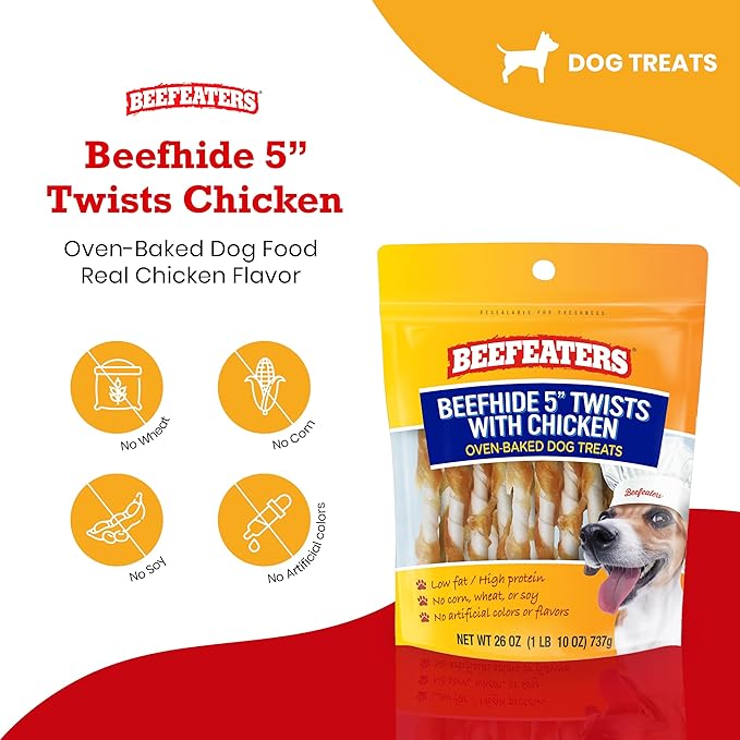 Beefeaters Dog Treats - Beefh 5in Twist with Chicken 26oz | Dog Food High Protein, Low Fat, Enriched with Vitamins & Minerals | Promotes Clean Teeth | Dog Training Treats for All Dog Sizes