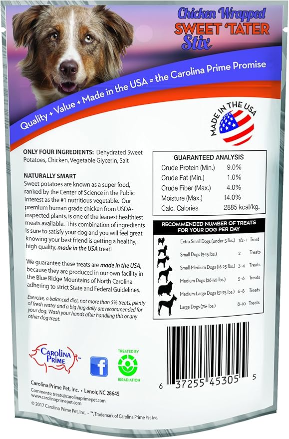Carolina Prime Pet 45306 Chicken Wrapped Sweet Tater Stix Treat For Dogs ( 1 Pouch), One Size