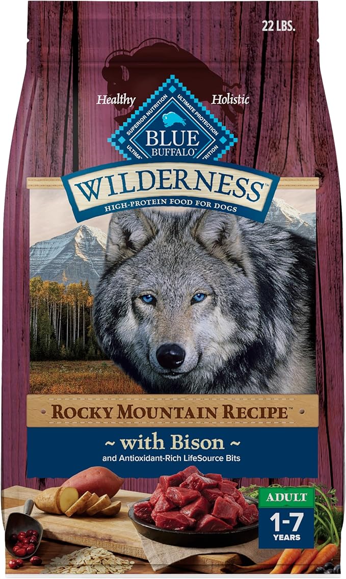 Blue Buffalo Wilderness Rocky Mountain Recipe High-Protein Adult Dry Dog Food, Made in The USA with Natural Ingredients Plus Wholesome Grains, Bison, 22-lb. Bag