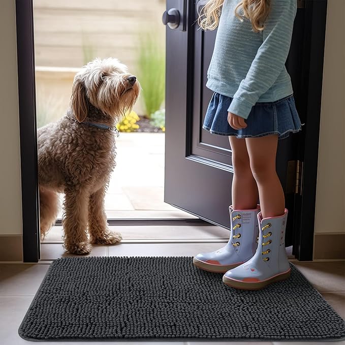 OLANLY Dog Door Mat for Muddy Paws 48x30, Absorbs Moisture and Dirt, Absorbent Non-Slip Washable Mat, Quick Dry Chenille, Mud Mat for Dogs, Entry Indoor Door Mat for Inside Floor, Dark Grey