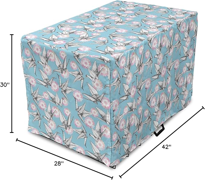 Lunarable Origami Dog Crate Cover, Japanese Tradition Paper Cranes and Cherry Blossom Petals Spring, Easy to Use Pet Kennel Cover for Medium Large Dogs, 42 Inch, Pale Pink Pale Blue White