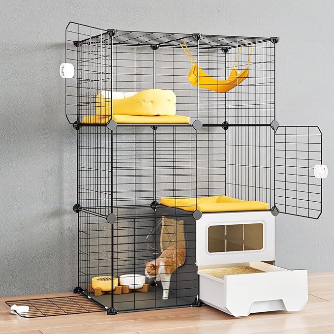 Oneluck Cat Cage Indoor with Litter Box 3-Tier DIY Cat Detachable Metal Wire Kennel Crate Large Exercise Place Ideal for 1-2 Kittens