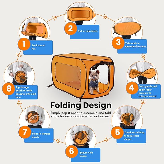 Beatrice Home Fashions Portable, Collapsible, Pop Up Kennel Travel Cat and Dog Crate, 32.5" L x 19.5" W x 19.5" H, Orange