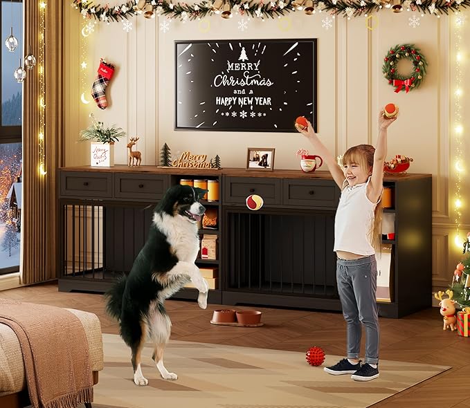 Dog Crate Furniture 47”, Large Dog Crate TV Stand with 2 Drawers and 4 Shelves, Wooden Dog Kennel Indoor, Decorative Dog Cage with Storage for Large Dogs, Black