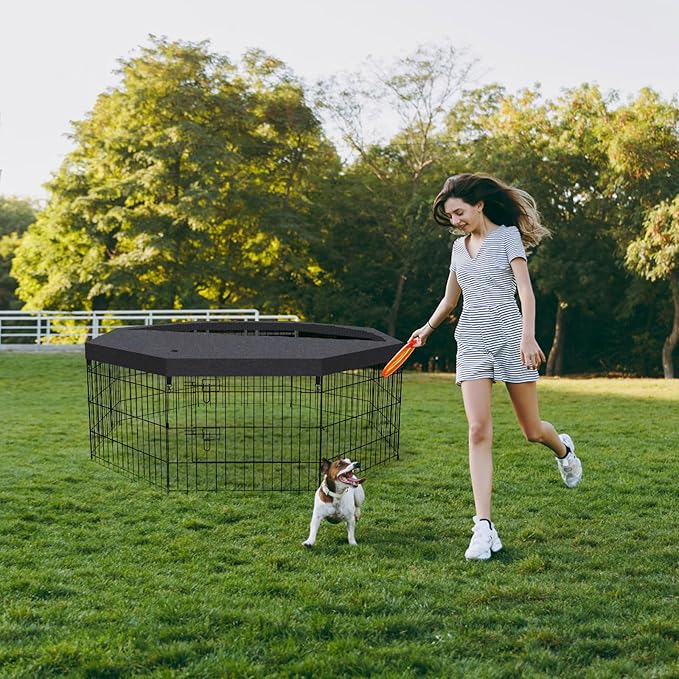 Artmalle Puppy Pet Playpen 8 Panel 24 Inch Indoor Outdoor Metal Portable Folding Animal Exercise Dog Fence Ideal for Pet Animals Dog Cat Rabbit Breed Puppy with Top Cover (Black with Top Cover)
