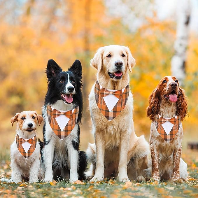 ADOGGYGO Fall Dog Tuxedo Bandana, Orange Plaid Pet Tux Collar with Bowtie, Adjustable Halloween Thanksgiving Formal Costume for Extra Small Dogs Pets (XS)