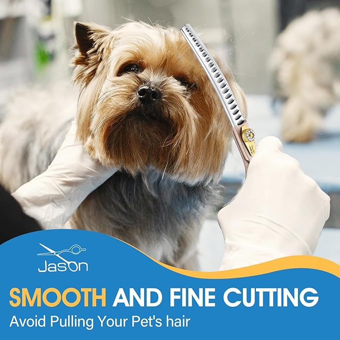 JASON Professional Curved Chunker Shears - 7 Inch Chunker Scissor Dog Grooming Japanese 440C Stainless Steel Diamond Screw with 21 Fishbone Teeth Dog Shears, Rosegold