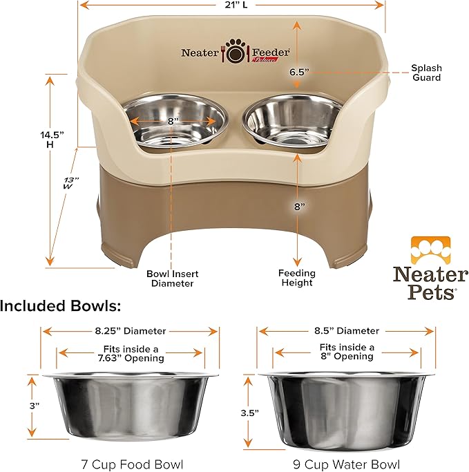 Neater Feeder Deluxe Mess Proof Dog Bowls Elevated for Large Breed – Made in USA – No Spill Raised Dog Food Bowl Stand – Stainless Steel Food and Water Bowl Set, Pet Dish Feeding Station, Cappuccino