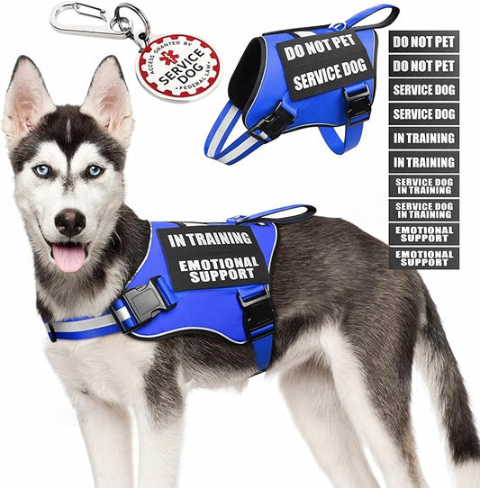 Service Dog Vest Harness+ID Tag+10 Patches,Metal Serivce Dog Tag&Reflective Emotional Support Dog Vest with Handle for Medium Dogs,Easy Put On/Off for Training/Walking/Everyday Blue M