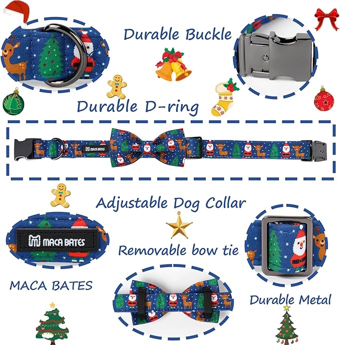 Maca Bates Christmas Dog Collar Cotton Soft Santa Dog Collar with Metal Buckle Christmas Dog Bow Tie Adjustable for Small Medium Large Dog