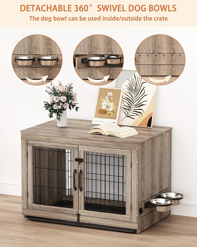 Piskyet Wooden Dog Crate Furniture with 360°Rotatable Removable Dog Bowls, Dog Crate End Table with Tray, Double Doors Dog Kennels for Dogs(M:31.8" L*22.1" W*24.1" H, Gray)