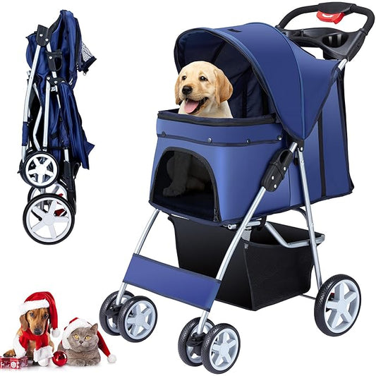 4 Wheels Pet Stroller for Small Medium Dogs Cats 33 lbs, Breathable Foldable Jogger Stroller with Storage Basket, Travel Puppy Stroller for All-Season, Move Pad & Protective Lock, Navy Blue