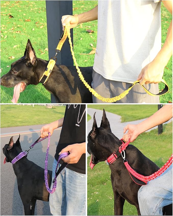 AUBELL Tactical Dog Collar and Leash Set, Adjustable Military Nylon Reflective Dog Leash and Collar with Handle and Heavy Metal Buckle for Medium Large Dogs, with Airtag Case and 2 Patches(Yellow, XL)