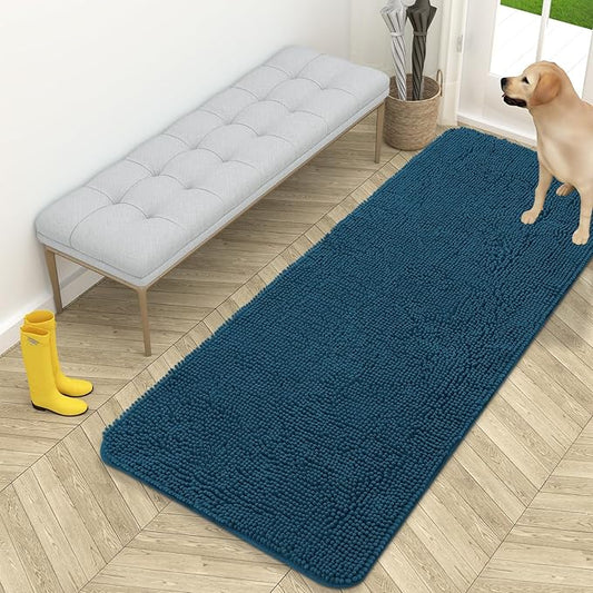 OLANLY Dog Door Mat for Muddy Paws 59x24, Absorbs Moisture and Dirt, Absorbent Non-Slip Washable Mat, Quick Dry Chenille, Mud Mat for Dogs, Entry Indoor Door Mat for Inside Floor, Atlantic Blue