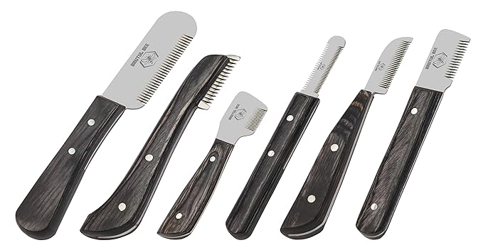 Brutul Bee Dog Grooming Coat Stripping Knife Stripper Trimmer Tool Wooded Handle Stripping Knives Set of 6 in Stainless Steel Non-Slip Tools for Grooming Dogs (Black)